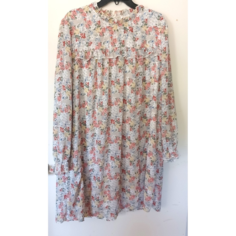 Kirundo Floral Mini Dress Women's XL Beige Ruffle Neck Babydoll Chiffon Prairie